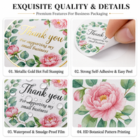 Autocollants de remerciement roses, étiquettes adhésives florales botaniques, autocollants imperméables pour l'emballage de produits de petites entreprises
