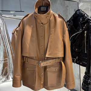 Giacca in Vera <span class=keywords><strong>Pelle</strong></span> di Pecora da Donna Autunno 2025, Monopetto con Cintura, Marrone, <span class=keywords><strong>Oversize</strong></span> - Product Image 1