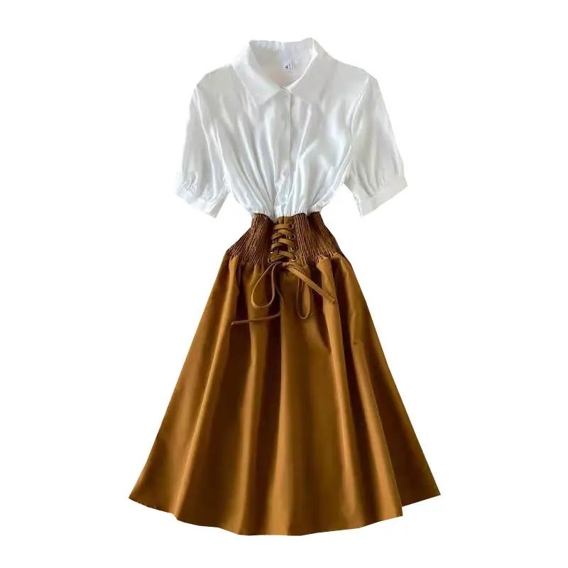 ツーピース半袖シャツドレス若いデザインセンスカラーコントラストパッチワークウエスト痩身Aライン傘スカート