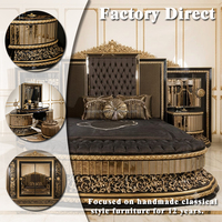 Lit de Luxe Royal Noir et Or, Style Turc Classique, avec Base Circulaire Cannelée, Meuble de Chambre en Bois, Lit King Size pour Villa et Palais