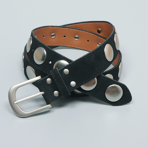 <span class=keywords><strong>Ceinture</strong></span> pour femme en daim noir avec de grands clous circulaires argentés, <span class=keywords><strong>boucle</strong></span> en métal réglable, accessoire de mode audacieux pour robes - Product Image 4