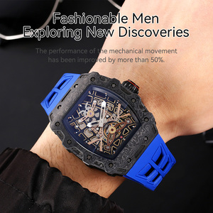 Mode ultradunne mechanische horloge met skeletwijzerplaat van koolstofvezel, saffierkristal, 3ATM waterdicht, blauwe rubberen band, herenhorloge - Product Image 3