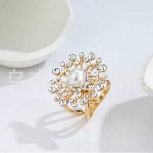 Floral Pearl Rhinestone <b>Ring</b> Gold Tone <b>Crystal</b> Pave Setting Women's Everyday Wear Accessory - Product Image 4