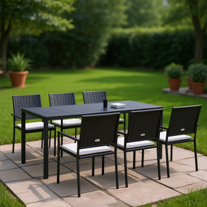 Ensemble de jardin en polyrotin noir, table et 6 chaises, mobilier d'extérieur résistant aux intempéries, design contemporain - Product Image 2