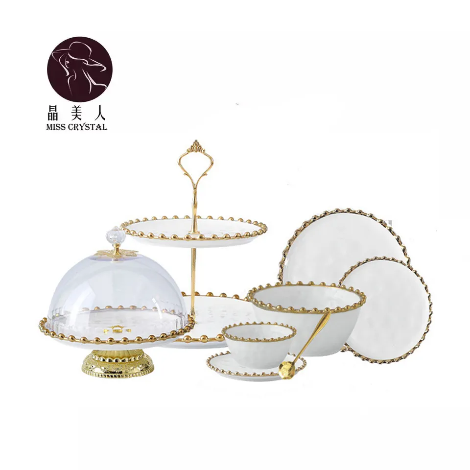 Luxury Gold Beads Design Fine Bone China Ceramic Dinner Plate Dishes Sets Cake Stand with Dome