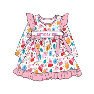 Robe <span class=keywords><strong>à</strong></span> manches longues pour fille enfant avec imprimé nœud papillon, design d'anniversaire brodé, robe <span class=keywords><strong>rose</strong></span> personnalisée, vêtements pour enfants en gros - Product Image 6