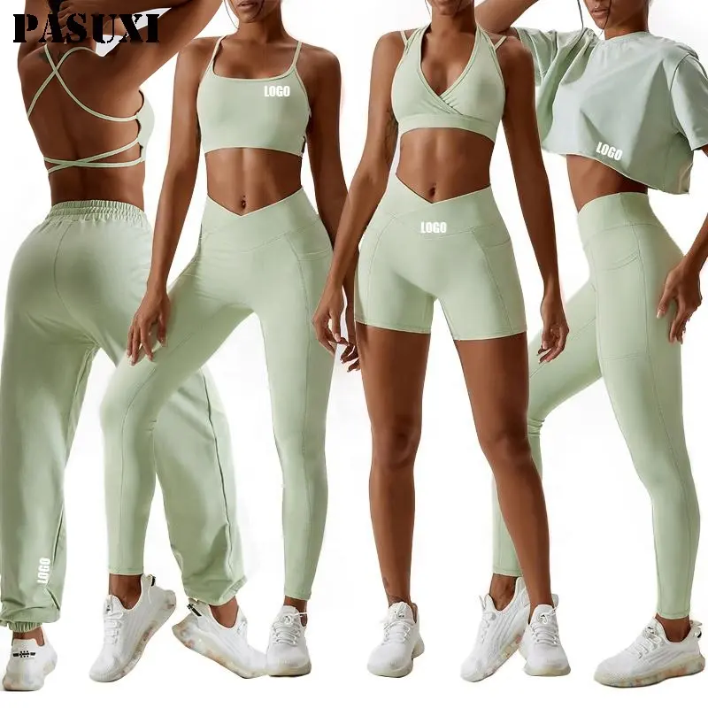 PASUXI dikişsiz Activewear seti toptan Fitness Yoga giyim 5 adet dikişsiz egzersiz kadın spor setleri