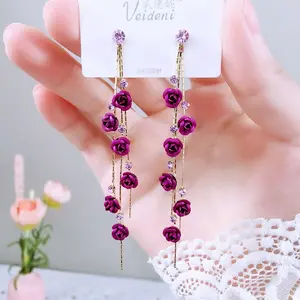 Fashion Rose Petal Drop Earrings for Women Red White Long Tassel Dangle Hanging Earrings Weddings Party Jewelry Accessories Gift