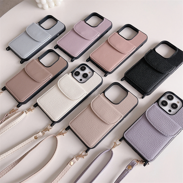 2024 Fashion Leather Wallet Card Slot Stand Holder Mobile Cell Phone Case Cover with Crossbody Chain Strap for iPhone 15 Pro Max