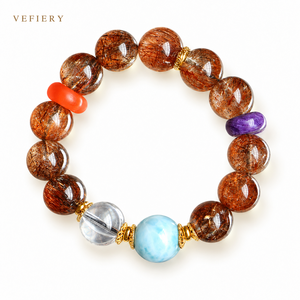 Bracelet de perles mélangées en quartz noir naturel, agate rouge, larimar et quartz clair pour femme - Vente en gros de bijoux - Product Image 1