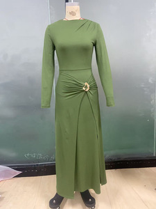 Vestido de punto elástico de manga larga con bloques de color para mujer, corte regular, largo hasta el suelo, ecológico, cintura imperio, silueta lápiz, para otoño - Product Image 6