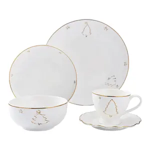 Porcelain Embossed Gold Rim Dinner Set Plates Set Christmas Color Box Cartoon Winter OEM ODM Ceramic White Dinnerware Set