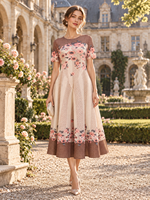 Robe midi élégante à imprimé floral pour femme, robe d'été pour invitée de mariage, robe trapèze à manches courtes, robe vintage pour soirée dans le jardin, robe de danse fluide