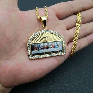 Titanium Steel Gold Plated Diamond Encrusted Thirteen Apostles Pendant Necklace Unisex Gift Jewelry Stainless Steel <b>Cross</b> Shape - Product Image 5