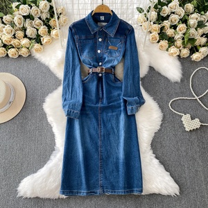 Stile retrò monopetto con risvolto a maniche lunghe Denim abito da donna nuova cintura in vita Cinching gonna lunga dimagrante - Product Image 1