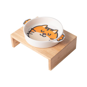 Tigela de cerâmica para animais de estimação com padrão animal, tigela fofa para comida de animais de estimação, suporte de madeira para gatos - Product Image 6