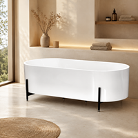 Bañera Ovalada Independiente Personalizada, Blanca Brillante, con Patas de Metal Negro para Baño Moderno, 170 cm
