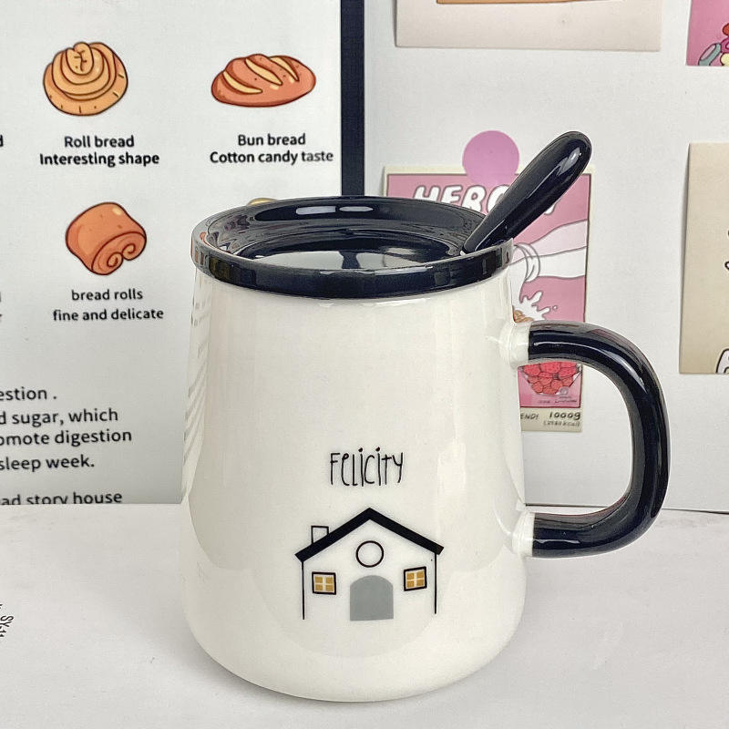 [Tapa de Taza con Cuchara de Porcelana] Taza con Asa Negra - Casa