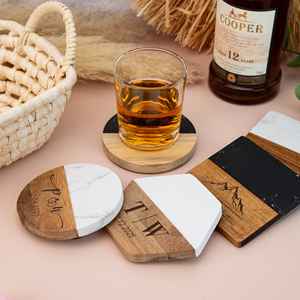 Posavasos de mármol y madera de acacia natural de EE. UU. Grabado láser en espacios en blanco y posavasos elegantes funcionales para bebidas - Product Image 2