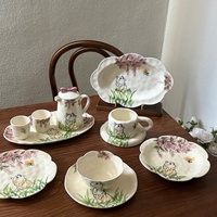 Ensemble de vaisselle en céramique fait main, motif chat mignon, pour le petit-déjeuner : tasse à café, bol, assiette, théière – Idéal pour la maison et la cuisine au quotidien