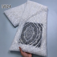 Kain Brokat Prancis Afrika Putih Murni 5024 dengan Payet untuk Gaun Pengantin, Kain Tulle Mesh, Brokat Nigeria Mewah