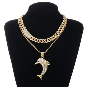 European and American Hip-hop Animal Accessories Diamond Three-dimensional Diving Dolphin Pendant Necklace set