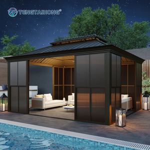 Pabellón de <span class=keywords><strong>Terraza</strong></span> Contemporáneo para Exteriores, Estructura de Aluminio, Techo Rígido de 12*14 pies, Puertas Corredizas, Resistente al Viento y la Lluvia, Solárium de Jardín - Product Image 1