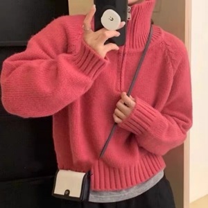 拉链翻领休闲针织长袖毛衣女式时尚实心女套头衫 - Product Image 2