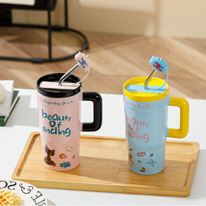 680ml Large Ceramic <b>Mugs</b> Cartoon Tea Water Cups <b>Cute</b> Coffee Tumbler with Lid and Straw - Product Image 3