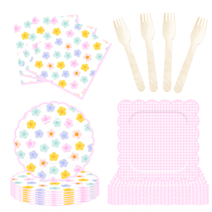 DAMAI Tea Party Decoration Supplies Flower Theme Party Pink Plaid Wave Edge Disposable Dinnerware Set 9 Inch <b>Paper</b> Plates Cup - Product Image 3