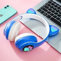 Headphone Nirkabel Anak Motif Kucing Lucu dengan Telinga RGB, Mikrofon, Pengisian Daya Type-C, Stereo, Earphone Musik untuk Anak-Anak, Hadiah untuk Anak