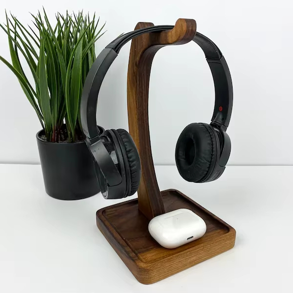 OEM Office Desk Computer and Gaming Headset Holder Rack Premium Desk Organizer Wood Headphone Stand in Walnut