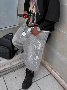 Jeans d'été décontractés pour hommes, shorts rétro longueur <span class=keywords><strong>genou</strong></span> avec lettres et poches brodées, vêtements de mode de rue, - Product Image 6
