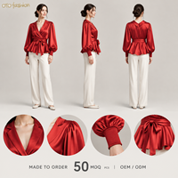 Chemisier rouge satiné pour femme, style cache-cœur, manches longues bouffantes, ourlet peplum, taille à nouer, pour rendez-vous galants et soirées, OEM, marque privée