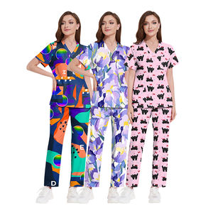 Floral Impreso Ropa de moda Top Manga corta Cuello en V Algodón Scrub Dibujos animados Impreso Scrub Set Médico Scrub Stretch Impreso Set - Product Image 1