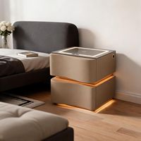 Table de chevet compacte AJUNION, table de nuit intelligente avec éclairage tactile LED, charge sans fil, haut-parleur Bluetooth, 2 tiroirs de rangement