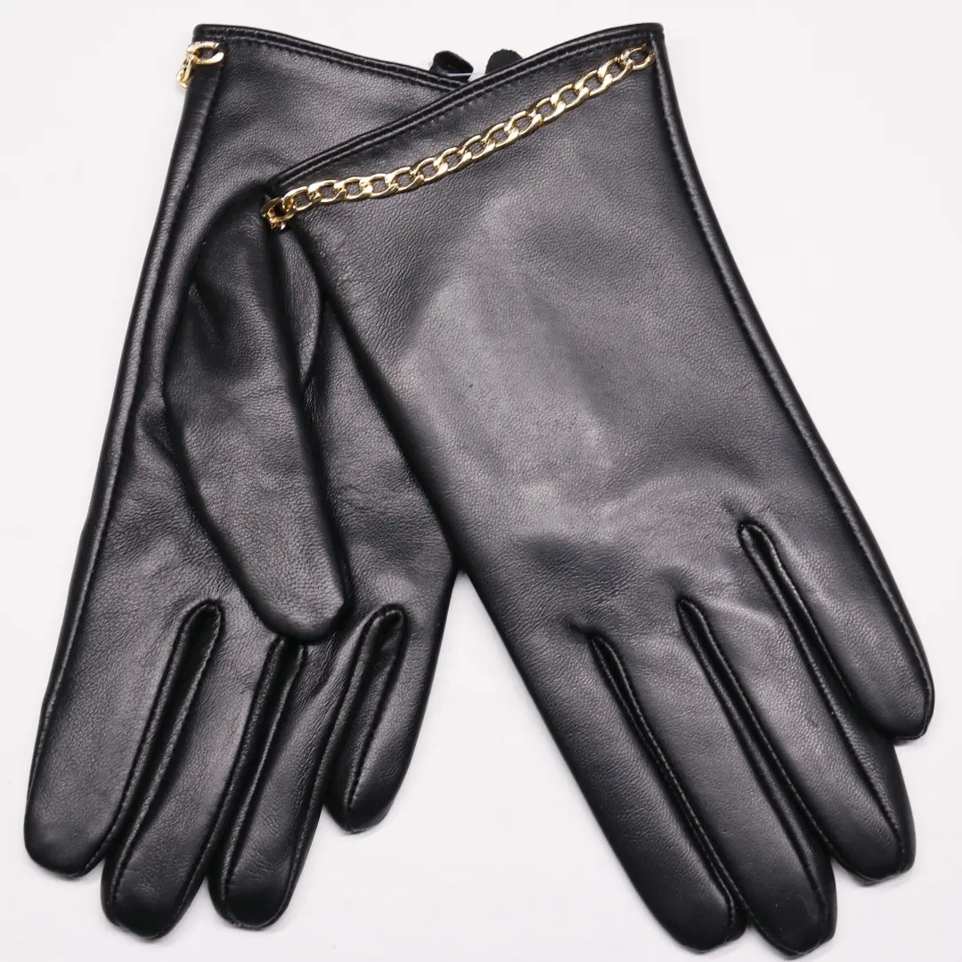 Fashion new sheepskin women's gloves winter warm waterproof outdoor windproof leather gloves chain accessories