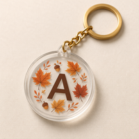 Porte-clés personnalisé en acrylique avec initiale, design feuille d'érable et gland d'automne, rond, monogramme personnalisé, cadeau en gros