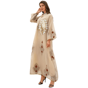 Vestido Abaya Elegante con Cuello en V de Poliéster para Eid, Otoño - Túnica Musulmana Bordada con Lentejuelas hasta el Tobillo para Emiratos Árabes Unidos, Qatar, Kuwait (MOQ Bajo) - Product Image 3