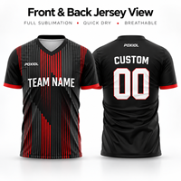 Maillot de football personnalisé noir et rouge à rayures verticales, col en V, sublimation intégrale, séchage rapide, respirant, kit d'équipe personnalisé pour les amateurs