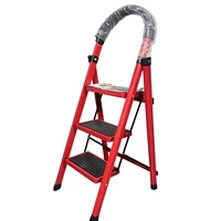 Échelle pliante en acier 3 marches 150 kg EN 131 avec main courante rouge antidérapante, résistante à la torsion, haute résistance pour extérieur, salle de sport, supermarché, entrepôt