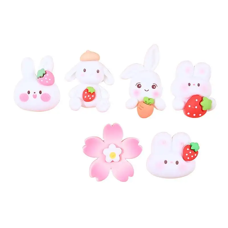 Kawaii Cabochon Resin Kelinci Stroberi Kartun Pipih untuk Hiasan Diy