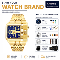 Montre carrée personnalisée pour homme, boîtier en alliage doré, design pont de couronne, bracelet en acier inoxydable, montres de sport tendance