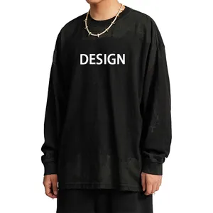 Wholesale Washed Retro Heavyweight Loose Long T-Shirt Adult Heavy Cotton Oversized Long Sleeve T-Shirt For Men