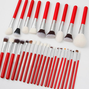 Juego de 8 brochas de maquillaje de pelo sintético de cabra con mango de madera roja, brochas para polvo facial y ojos con virola dorada - Product Image 5