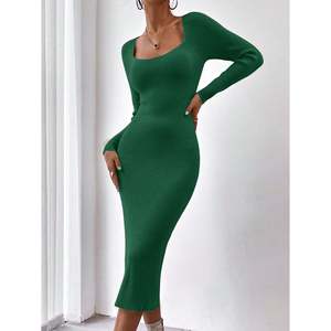 Vestido midi de punto acanalado con cuello cuadrado color caqui talla XS para mujer - Product Image 3