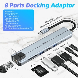 8 en 1 <span class=keywords><strong>USB</strong></span> C <span class=keywords><strong>USB</strong></span> Type C vers RJ45 lecteur de carte SD/TF PD87W 4K câble adaptateur Type c Hub accessoires informatiques pour PC - Product Image 3