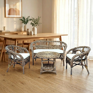 Rattan Two Seat Living Room Sofa Set with Cushions Round Coffee Table Asian Style Furniture for Villa & Courtyard Use - Product Image 1