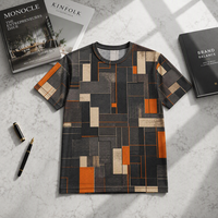 T-shirt à manches courtes en popeline 3D AOP pour homme, 100% polyester, gris anthracite, motif quadrillé orange, séchage rapide, respirant, col rond, expédition immédiate