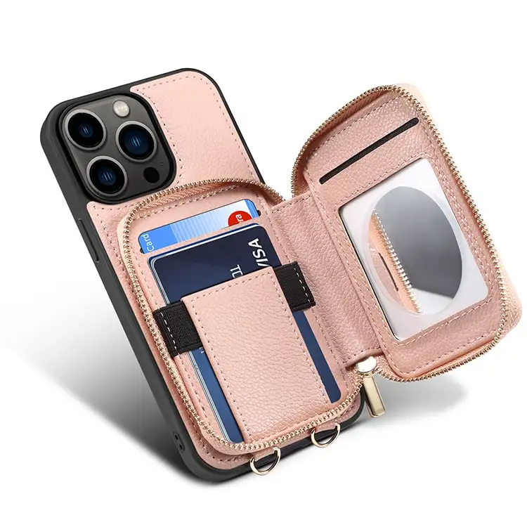 Makeup Mirror Luxury Coin Purse Wallet Card Slot Vegan PU Leather strap Phone Case Lanyard for iPhone 15